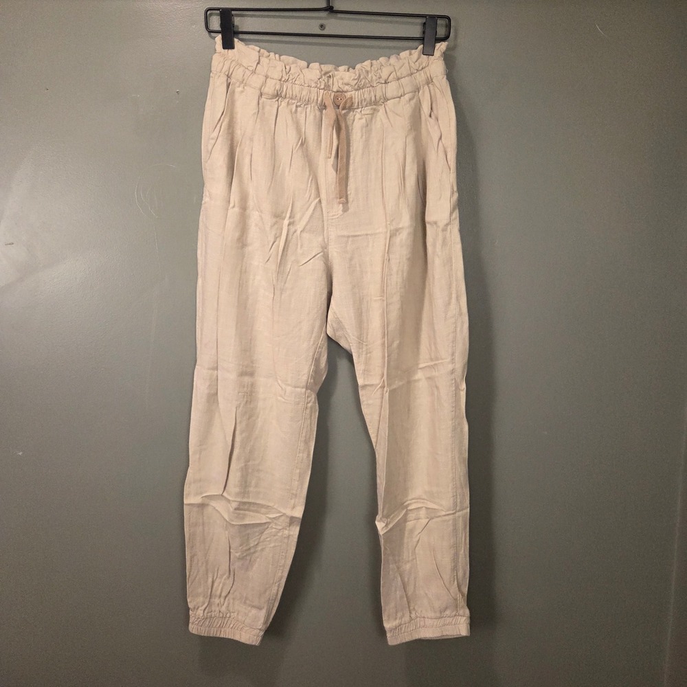 Pull & Bear Women's Paperbag Waist Linen Blend Jogger Pants Size XL Beige Cream